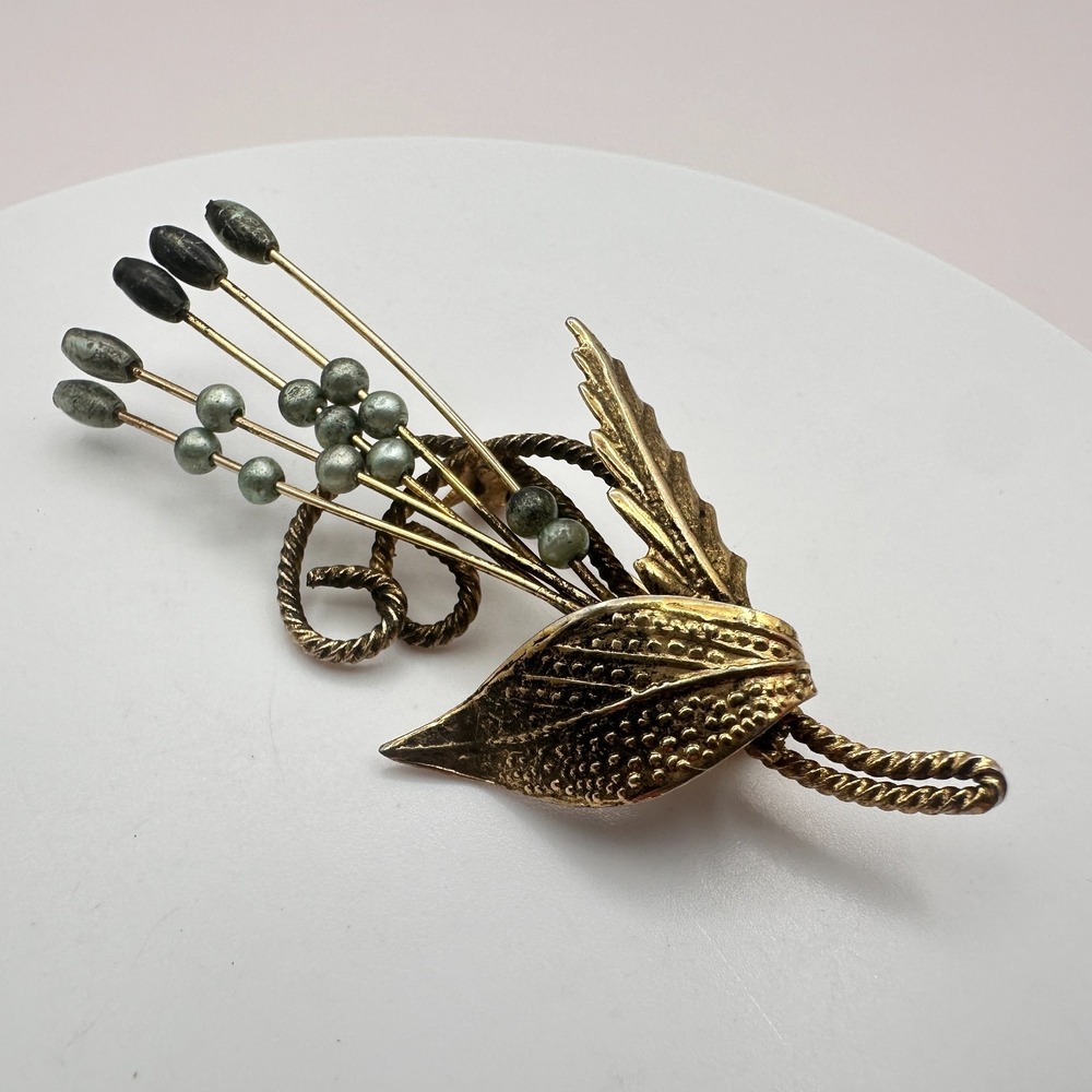 Vintage Y2K Gold Tone Wheat Stalk Beaded Brooch Pin Women's Classic Jewelry 90s